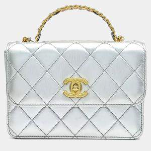 Chanel Silver Leather rainbow top handle chain bag