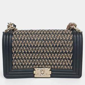 Chanel Beige Black Leather Boy Medium Bag