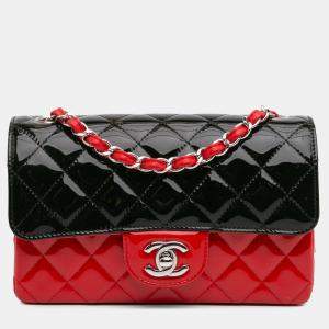 Pre Owned Chanel Red/Black Mini Rectangular Bicolor Patent Single Flap