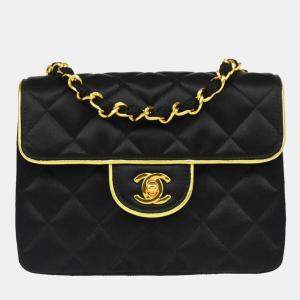 Chanel Black Satin Mini Classic Square Flap Shoulder Bag 