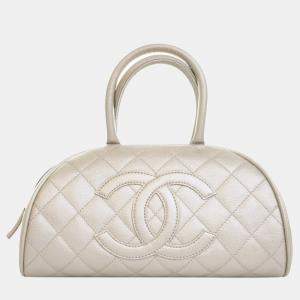 Chanel White Metallic Quilted Caviar Bowler Bag