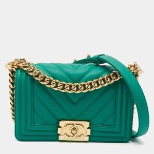 Chanel Green Chevron Leather Small Boy Flap Bag