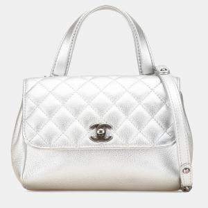 Chanel Silver Quilted Metallic Calfskin Pilot Essentials Double Sided Flap