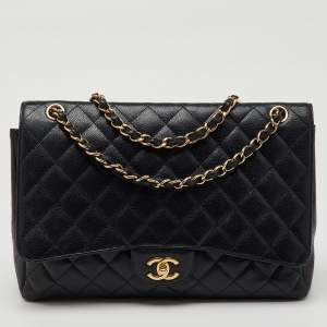 Chanel Black Quilted Caviar Leather Maxi Classic Single Flap Bag
