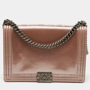 Chanel Beige Patent Leather Large Reverso Boy Flap Bag