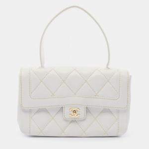 Chanel White Leather  Wild Stitch CC Coco Top Handle bag 