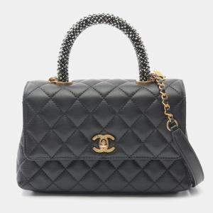 Chanel Black Lambskin Leather Top Handle Flap Bag 