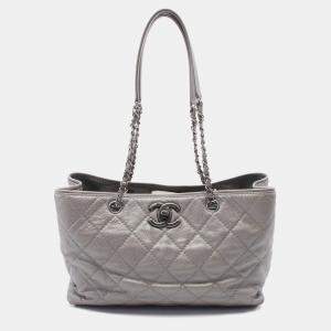 Chanel Silver Leather Classic Tote Shoulder Bag
