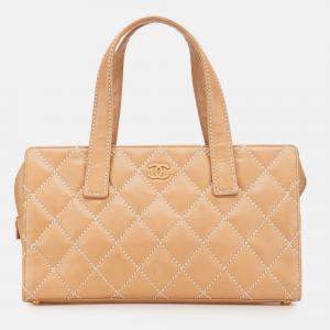 Chanel Beige/Brown CC Lambskin Wild Stitch Handbag