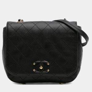 Pre Owned Chanel Black Small Stitched Calfskin Covered CC Flap