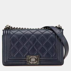 Chanel Navy Lambskin Boy Chain Shoulder Bag