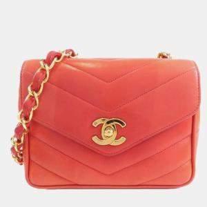 Pre Owned Chanel Red Chevron Quilted Lambskin Square Mini Flap Bag