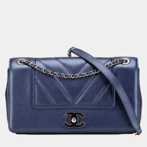 Chanel V-Stitch Coco Mark Double Flap Chain Shoulder Bag Blue Lambskin