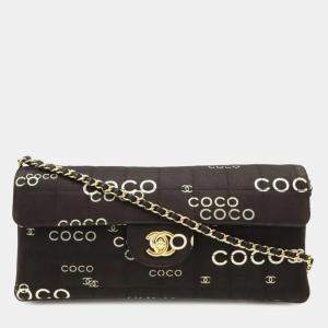 Chanel Chocolate Bar Coco Print Chain Shoulder Bag Leather Canvas Black