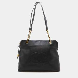 Chanel Coco Mark Ball Chain Tote Bag Large Shoulder Caviar Skin Black