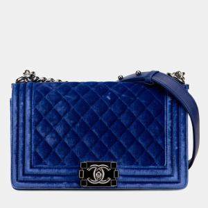 Chanel Matelasse Boy Coco Mark Chain Shoulder Bag Blue Velour Leather