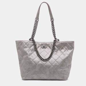 Chanel Grey Quilted Iridescent Calfskin Shopping in Chains Tote