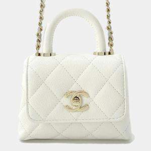 Chanel White Caviar Quilted Micro Coco Handle Clutch With Chain