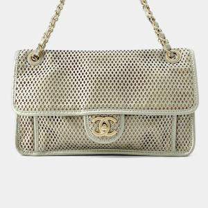 Chanel French Riviera Perforated Chain shoulder Bag Silver Leather