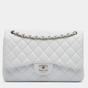 Chanel White Jumbo Classic Caviar Double Flap