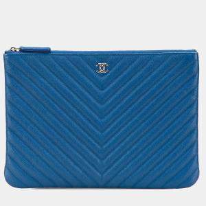 Chanel Blue Medium CC Chevron Caviar O Case Clutch