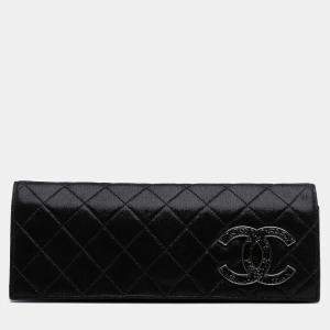 Chanel Black Quilted Iridescent Suede Crystal CC Clutch