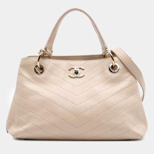 Chanel Brown Large CC Chevron Calfskin Stitched Shopping Tote