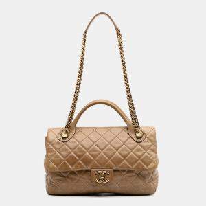 Chanel Brown Medium Glazed Calfskin Castle Rock Top Handle Flap