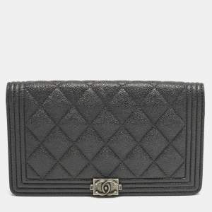 Chanel Grey Caviar Leather Boy Bifold Long Wallet