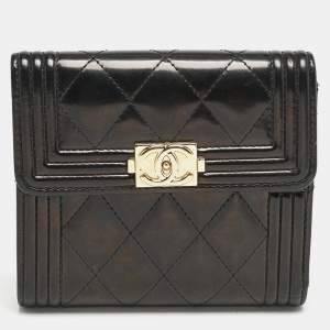 Chanel Black Quilted Patent Leather Boy Compact Wallet