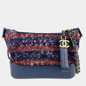 Chanel Navy and Dark Red Sequin Leather Gabrielle Small Hobo Bag