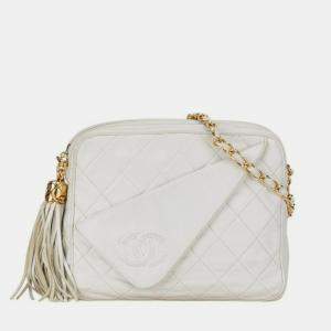 Chanel White Matelasse Lambskin Coco Mark Tassel Chain Shoulder Bag