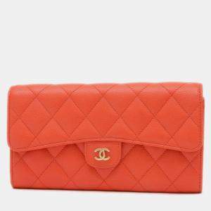 Chanel Orange Caviar Matelasse Long Flap Wallet