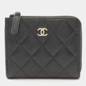 Chanel Black Matelasse Caviar Skin Small Zip Around Wallet