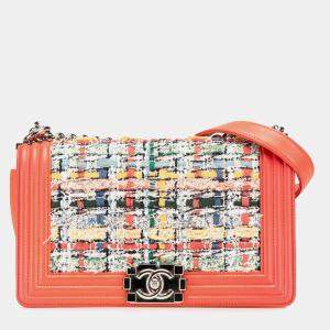 Pre Owned Chanel Orange Medium Tweed and Lambskin Boy Flap