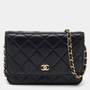 Chanel Black Quilted Leather CC Classic Flap Wallet On Chain