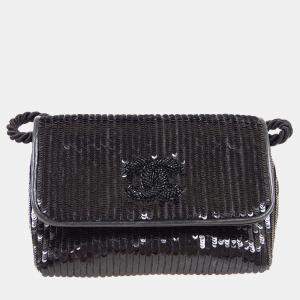 Pre Owned Chanel Black Sequined Beaded Mini Flap Shoulder Bag