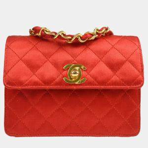 Pre Owned Chanel Red Satin Straight Flap Single Chain Bag
