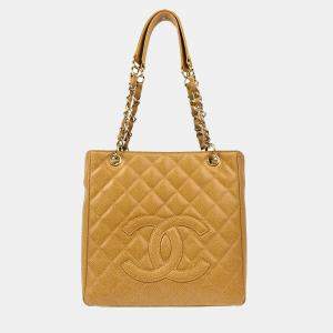 Chanel Beige Calfskin Petite Shopping Tote Handbag