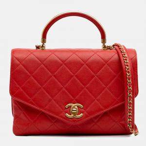 Chanel Red Quilted Calfskin Metal Top Handle Envelope Flap