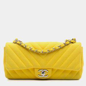 Pre Owned Chanel Yellow Chevron Jersey East West Flap