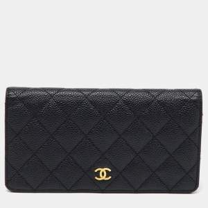 Chanel Black Quilted Caviar Leather CC L-Yen Continental Wallet