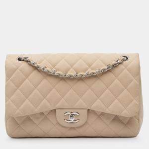 Pre Owned Chanel Beige Jumbo Classic Caviar Double Flap