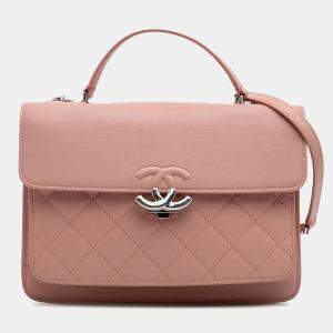 Pre Owned Chanel Pink Large Quilted Goatskin CC Box Flap