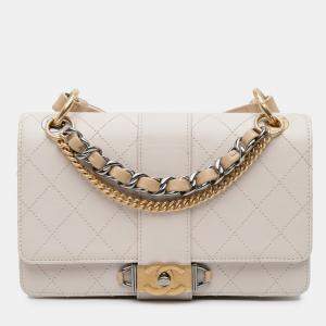 Chanel White CC Stitched Calfskin Chain Flap