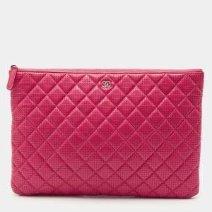 Chanel Fuchsia Quilted Perforated Leather Large O Case Pouch