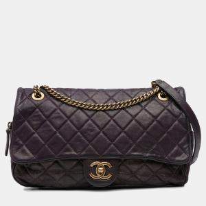 Pre Owned Chanel Purple Large Quilted Iridescent Calfskin Shiva Flap