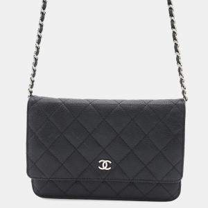 Chanel Black Caviar Leather Quilted Classic Wallet On Chain