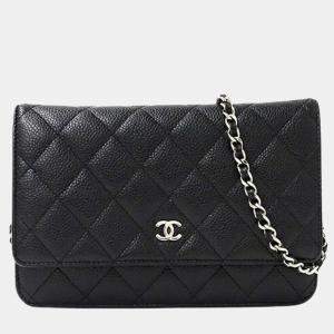 Chanel Black Caviar Leather Quilted Classic Wallet On Chain