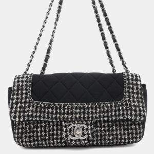 Chanel Black Ecru Tweed Jersey Quilted Medium Flap Bag